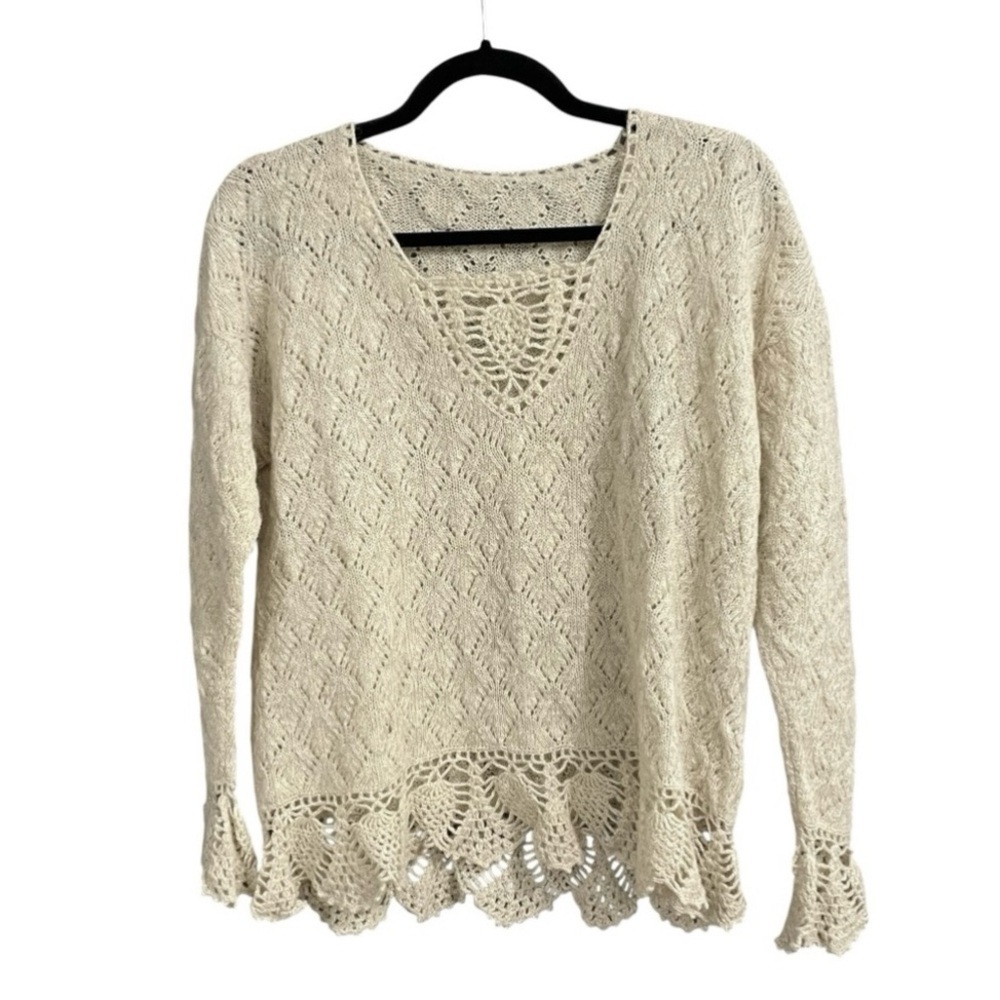 Vintage Boho Handmade Cream Crochet Sweater M